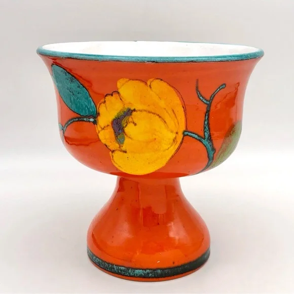 Italian Art Pottery Compote Planter Atomic Orange Pedestal Bowl Vase MCM Italy